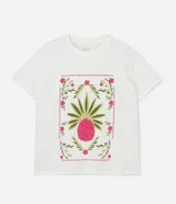 Remera blanca de algodón con estampa de piña con follaje enmarcada con flores.