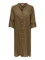 Vestido camisero midi color verde oliva, de lino, con cuello mao y mangas largas con trabilla para arremangar.