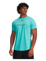 Remera deportiva Under Armour color celeste con logo de la marca y la inscripción "Mansory" en el pecho.