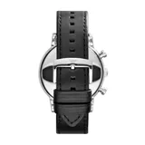 Reloj Emporio Armani modelo AR1828, con caja de acero inoxidable plateado de 46mm, esfera negra mate con cronógrafo integrado, agujas plateadas y correa de cuero negro.