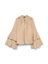 Blusa color beige de viscosa con cuello con lazo y mangas largas acampanadas con volados.