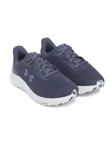 Championes Under Armour Charged Pursuit 4 para mujer, color gris con logo plateado.