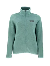 Campera polar verde agua jaspeado con cuello alto y cierre frontal completo. Tiene bolsillos laterales abiertos, un bolsillo con cierre en la manga izquierda y logo de la marca en el pecho. Confeccionada con poliéster reciclado y tecnología 4-way stretch.
