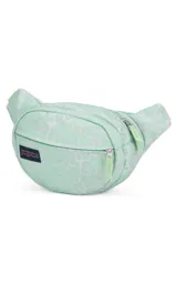 Riñonera JanSport Fifth Avenue negra con estampado de rayos blancos.