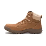 Bota de trabajo Caterpillar color marrón, con puntera de acero y cuello acolchado en color beige. Cuenta con cordones redondos marrones, ojales metálicos y suela de goma antideslizante.