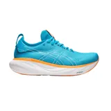 Championes de running Asics Gel Nimbus 25, color celeste con detalles en blanco y naranja. Diseñados para máxima comodidad al correr, con amortiguación PureGEL y espuma FF BLAST PLUS ECO.