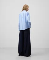 Camisa celeste de algodón con rayas verticales, manga larga, cuello clásico con cierre de botón, botonadura frontal oculta y canesú con pliegue en la espalda.
