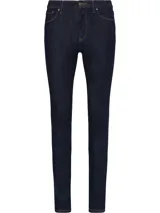 Pantalón de jean azul oscuro, corte skinny, con cinco bolsillos, cierre de botón y cremallera, parche de cuero con logo de Tommy Hilfiger en la cintura y logo bordado en el bolsillo trasero.