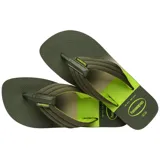 Ojotas Havaianas de goma color azul con plantilla verde y tiras con diseño degradado.