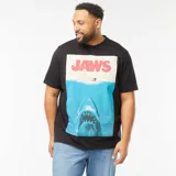 Camiseta negra de manga corta con estampado del poster de la película Jaws.