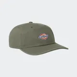 Gorro de gabardina color verde oliva con visera curva y logo de Dickies bordado en el frente.