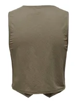 Chaleco corto color marrón con escote en V y cierre frontal con tres botones de madera.