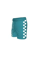 Short de baño turquesa con cintura elástica ajustable con cordón y estampado lateral de damero blanco.