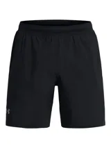 Short de running Under Armour Launch de 7 pulgadas, color azul con detalles en naranja y logo reflectivo.