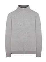 Sweater celeste de punto con cuello alto y cierre frontal completo.