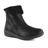 Bota casual Skechers Arya New Rumor color negro, repelente al agua, con capellada de microfibra, forro de sherpa, plantilla Air Cooled Memory Foam, cierre lateral con cremallera y suela de goma flexible.