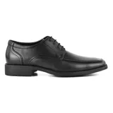 Zapato de vestir acordonado de cuero negro, con suela de goma y puntera cuadrada.