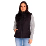 Chaleco negro acolchado con cierre frontal, cuello alto y bolsillos laterales con cierre.
