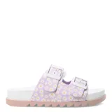 Sandalias de niña con estampado de margaritas, color lila, con hebillas ajustables y suela de goma color rosa.