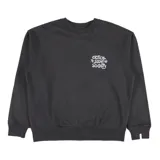 Buzo negro de cuello redondo con estampado frontal que dice "Critical Slide Society" en blanco y azul, con detalles de flores.