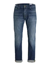 Jean azul de tiro medio y corte tapered, con diseño clásico de cinco bolsillos y cierre con botón.