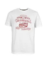 Remera blanca de algodón y poliéster con estampado frontal en color rojo que incluye el logo de Caterpillar, la leyenda "Centennial" y un dibujo de un tractor.