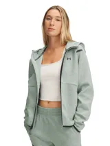 Campera Under Armour de mujer, modelo Unstoppable Fleece FZ, color verde agua con cierre frontal completo, capucha y logo en el pecho.