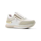 Championes blancos con detalles en beige, con cordones y cierre lateral con cremallera dorada.
