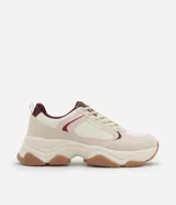 Championes chunky femeninas de la marca Satinato, confeccionadas en PU texturizado con paneles superpuestos en tonos beige, rosado y bordó. Cuentan con cierre de cordones, entresuela con diseño en capas y suela robusta de goma.