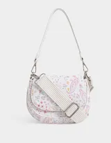 Bandolera blanca con estampado floral multicolor, correa de mano corta y correa larga regulable. Cierre con broche a presión.