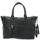 Cartera negra tipo tote de ecocuero, con doble asa de mano y correa bandolera ajustable y desmontable. Tiene cierre principal, bolsillo frontal con cierre, bolsillo interno con cierre y llavero colgante.