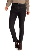 Pantalón de jeans negro de tiro medio, corte skinny, con bolsillos delanteros con cierre y ruedo desflecado.