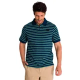 Remera polo de hombre a rayas horizontales en tonos azul y verde, con cuello clásico azul y logo pequeño en el pecho.
