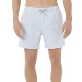 Short de baño celeste con estampado geométrico en blanco, de secado rápido y forro de malla transpirable.