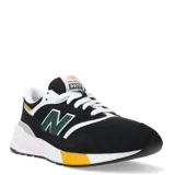 Championes New Balance modelo 997, color negro con detalles en blanco, verde y amarillo.