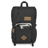 Mochila JanSport Hatchet negra con detalles en marrón. Cuenta con compartimento para laptop, bolsillo para tablet, organizador interno y espacio para botellas.