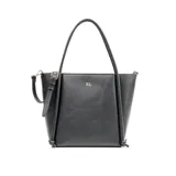 Bolso tote negro de cuero sintético con asas fijas y correa desmontable regulable. Tiene acceso con cierre, herrajes dorados y un bolsillo interno con cierre.