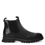 Bota de cuero marrón con elásticos laterales y suela de goma negra.