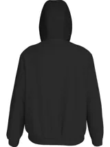 Campera negra con capucha de nailon reciclado, cierre frontal con cremallera, bolsillos laterales con botón a presión, puños y bajo elásticos, forro ligeramente acolchado y logo de Calvin Klein en el pecho y la manga.