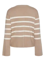 Cárdigan de punto color beige con rayas horizontales blancas, cuello en V, cierre con botones y mangas largas acampanadas.