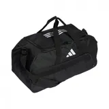 Bolso deportivo Adidas Tiro L Duffle, color negro con logo blanco, con doble asa de mano y correa ajustable para el hombro. Incluye compartimento principal con cierre, bolsillo lateral con cierre y bolsillo interior. Ideal para transportar ropa y calzado deportivo.