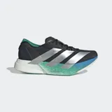 Championes de running Adidas Adizero Adios Pro 4, color negro con tres franjas plateadas. La mediasuela es blanca con degradado en tonos verde menta y azul turquesa. El forro interior es verde esmeralda.