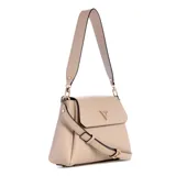 Cartera Guess modelo Sora Chica, color beige, con correa de hombro ajustable y logo triangular dorado en el frente.