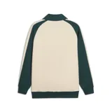 Campera deportiva Puma T7 Relaxed Wing Collar, color arena con detalles en verde oscuro. Presenta cierre frontal, cuello clásico, mangas raglán y logo bordado en el pecho.