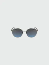 Lentes de sol Longchamp con montura plateada y lentes redondos con degradado azul.