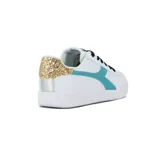 Zapatillas deportivas de mujer en blanco con detalles en aqua y dorado, cierre de cordones.