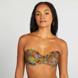 Sujetador de bikini con estampado de flores en tonos azul, verde, amarillo y marrón.