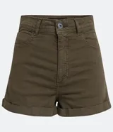 Short de sarga negro con cintura alta, bolsillos delanteros y traseros.