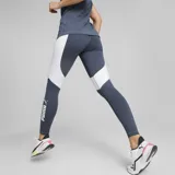 Calza de fitness de tiro alto, color azul piedra, con detalles en blanco.