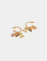 Aros argolla dorados con multidijes de frutas con strass y cierre de tope a presión.
